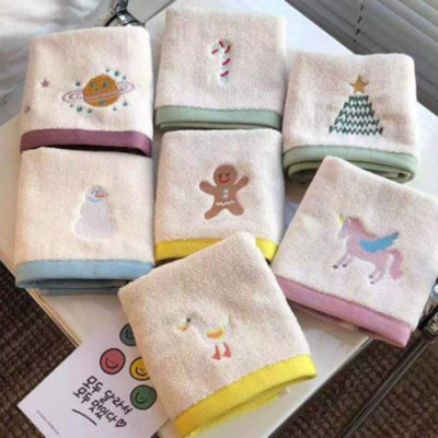 Class a non dyed color edge embroidery household towel bath towel ins pure cotton children’s cartoon face washing square towel manufacturer