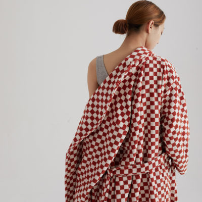 Retro checkerboard and stripe 32S long-staple cotton bathrobe